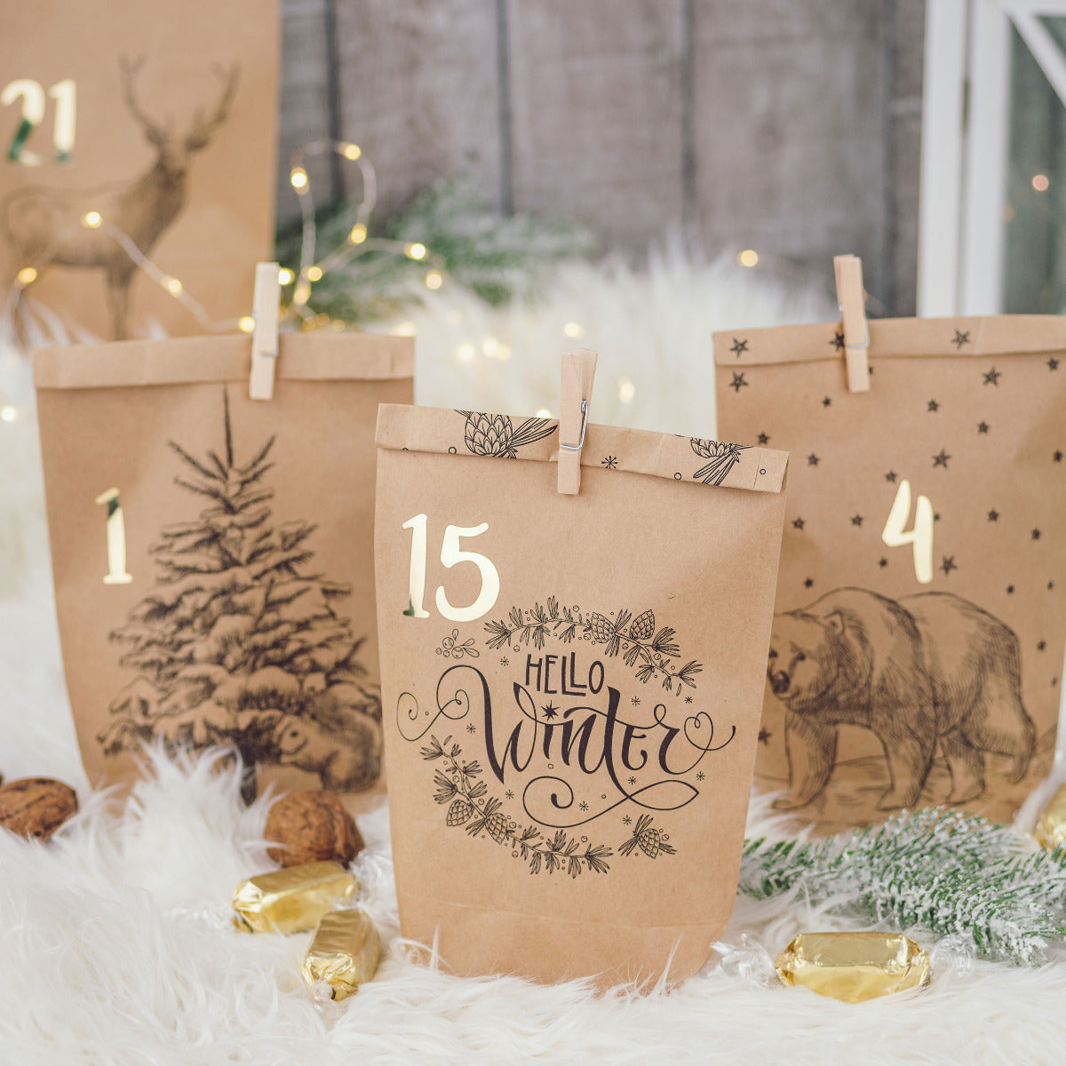 DIY Adventskalender Weihnachten & Advent zum Befüllen - 24 Papiertüten - Motiv Cozy Winter