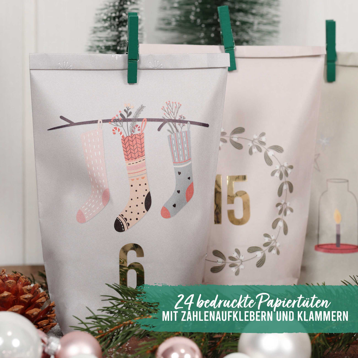 DIY Adventskalender Weihnachten & Advent zum Befüllen - 24 Papiertüten - Motiv Hygge