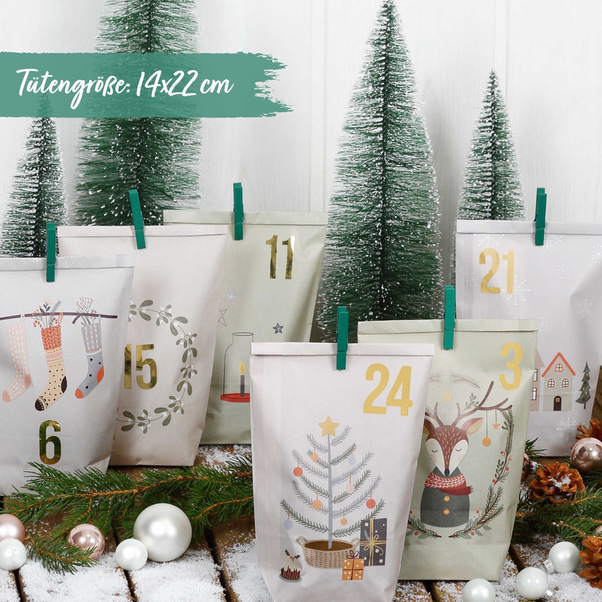 DIY Adventskalender Weihnachten & Advent zum Befüllen - 24 Papiertüten - Motiv Hygge