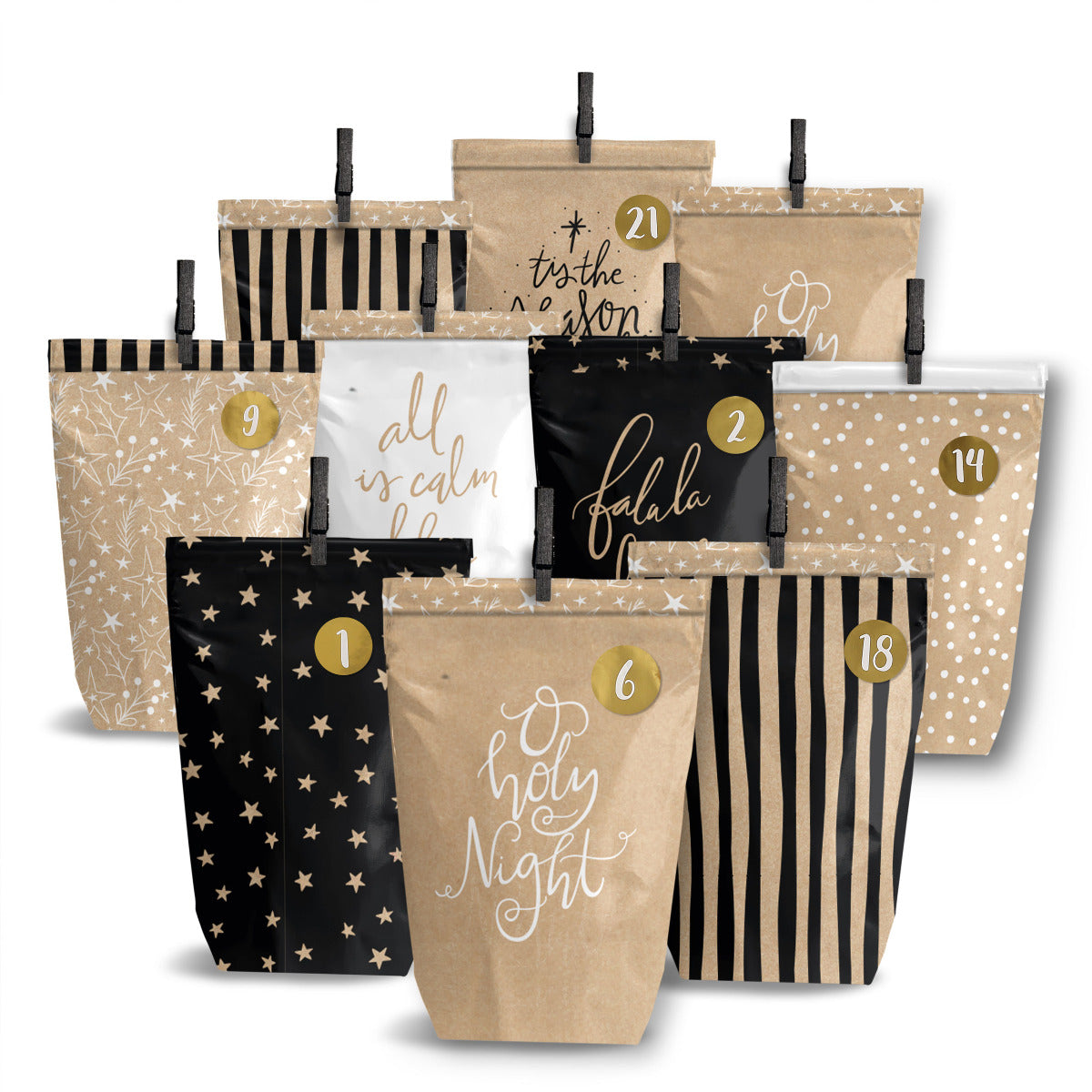 DIY Adventskalender Weihnachten & Advent zum Befüllen - 24 Papiertüten - schwarz, weiß