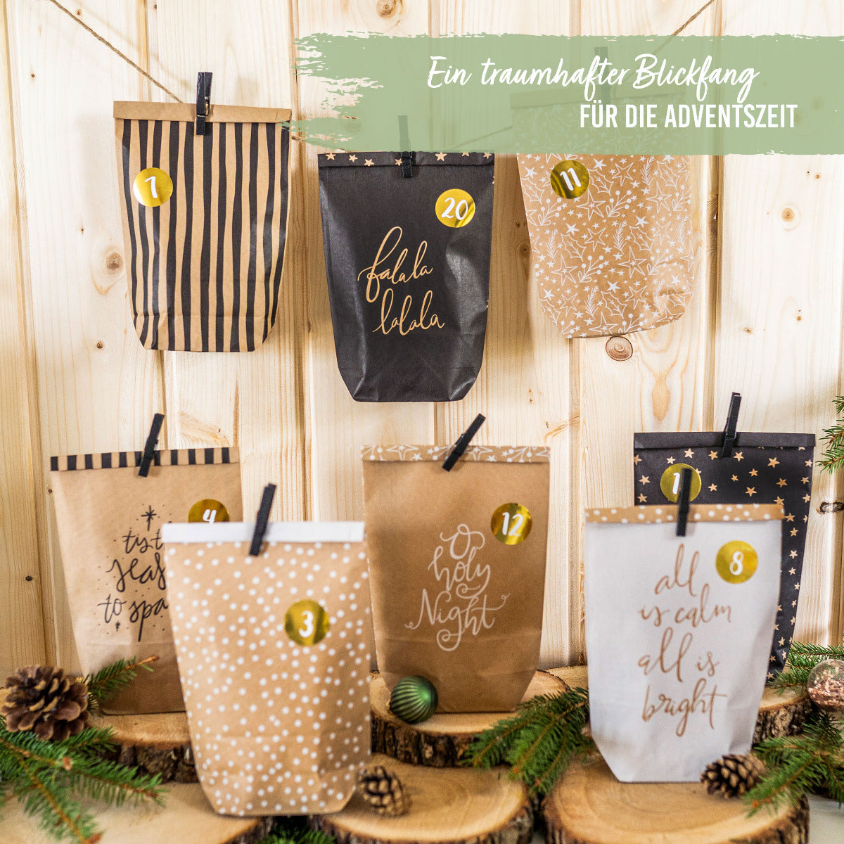 DIY Adventskalender Weihnachten & Advent zum Befüllen - 24 Papiertüten - schwarz, weiß