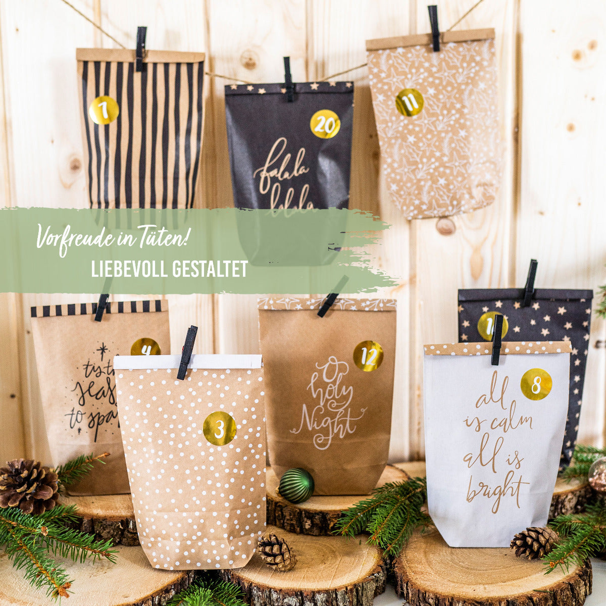 DIY Adventskalender Weihnachten & Advent zum Befüllen - 24 Papiertüten - schwarz, weiß