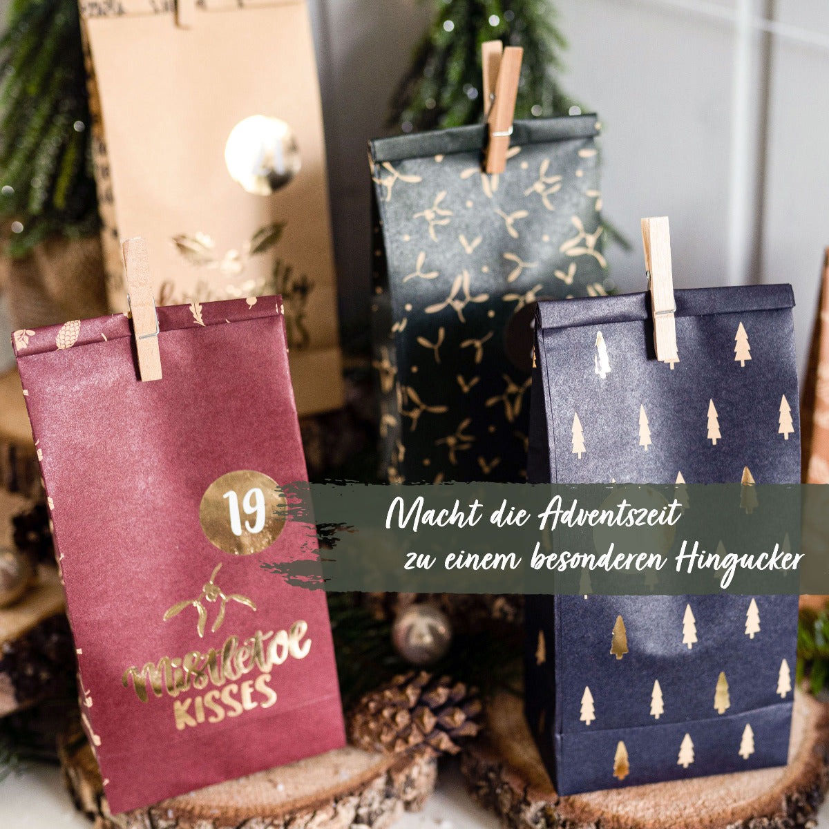 Der DIY Adventskalender aufgehangen und der info "Macht die Adventszeit zu einem besonderen Hingucker"