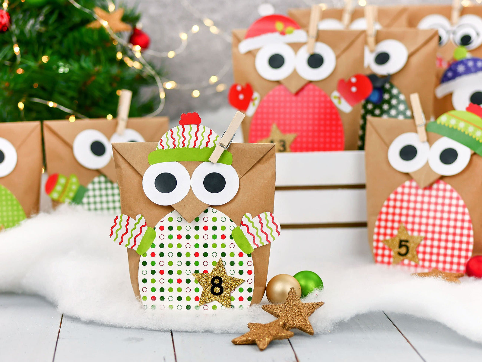 DIY Adventskalender "Eulen" Weihnachten & Advent zum Befüllen - 24 Papiertüten - Weihnachtseulen