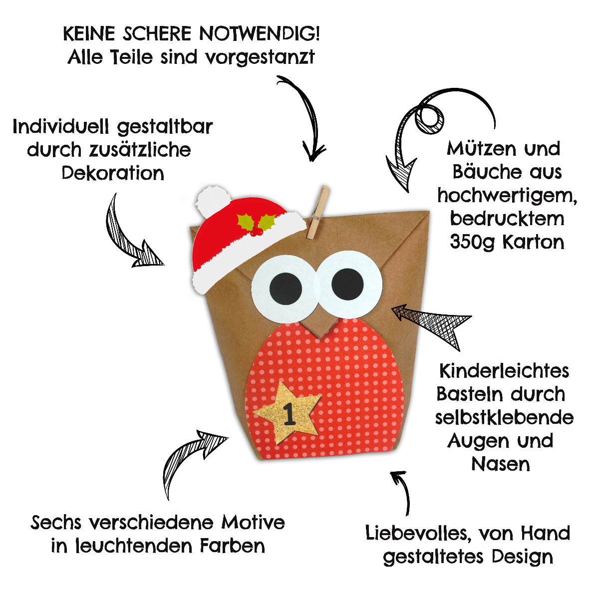 DIY Adventskalender "Eulen" Weihnachten & Advent zum Befüllen - 24 Papiertüten - Weihnachtseulen