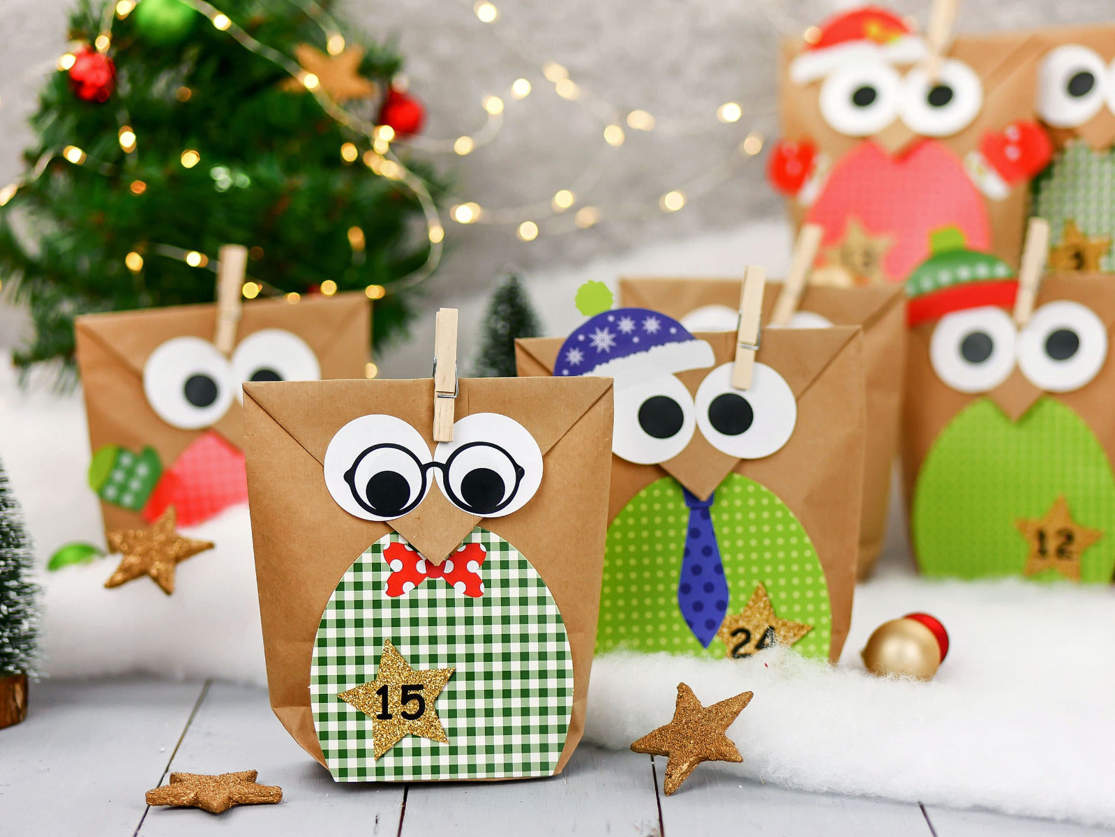 DIY Adventskalender "Eulen" Weihnachten & Advent zum Befüllen - 24 Papiertüten - Weihnachtseulen