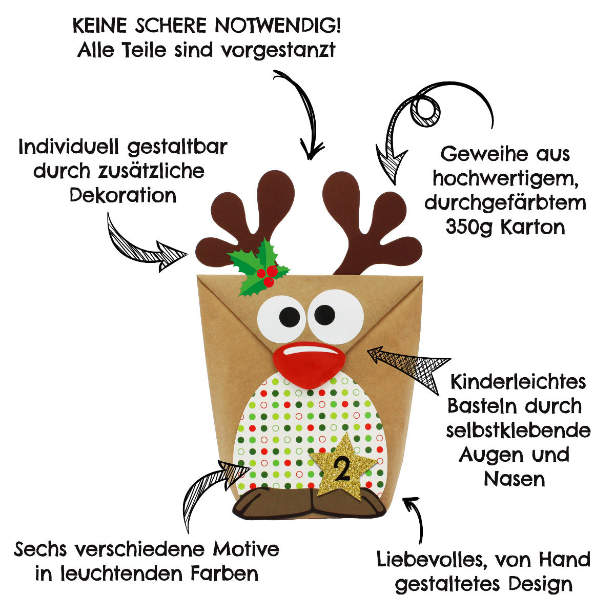 DIY Adventskalender Weihnachten & Advent zum Befüllen - 24 Papiertüten - Motiv Rentiere