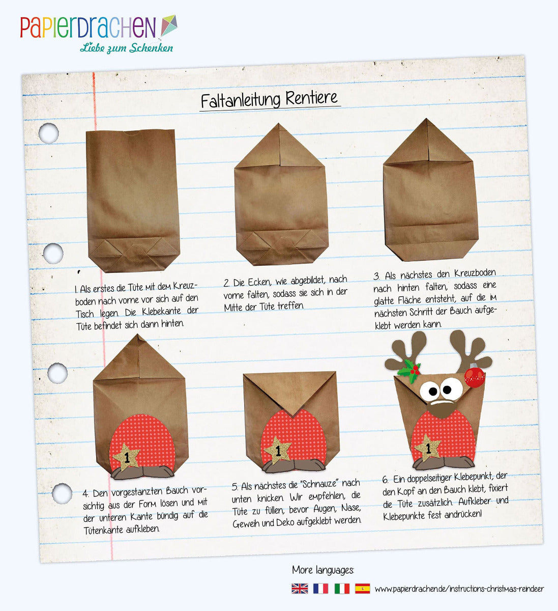 DIY Adventskalender Weihnachten & Advent zum Befüllen - 24 Papiertüten - Motiv Rentiere