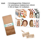Inhaltsangabe der Vierundzwanzig braune Papiertüten des DIY Adventskalenders mit verschiedenen aufgeklebten Tieren