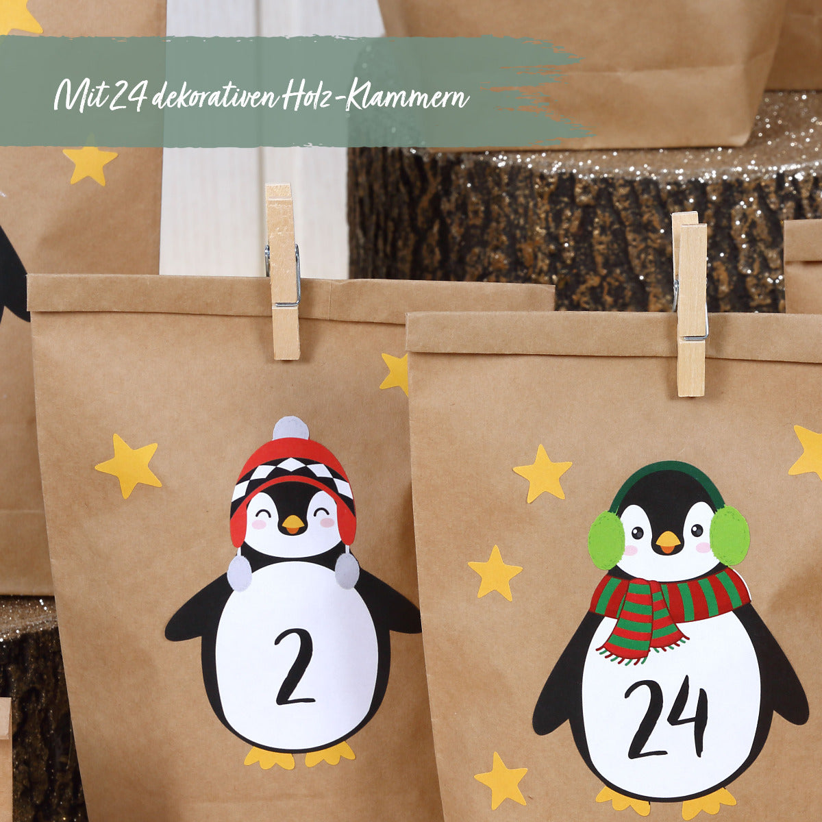 Zwei Tüten in Nahaufnahme mit Holzklammern und Pinguinen