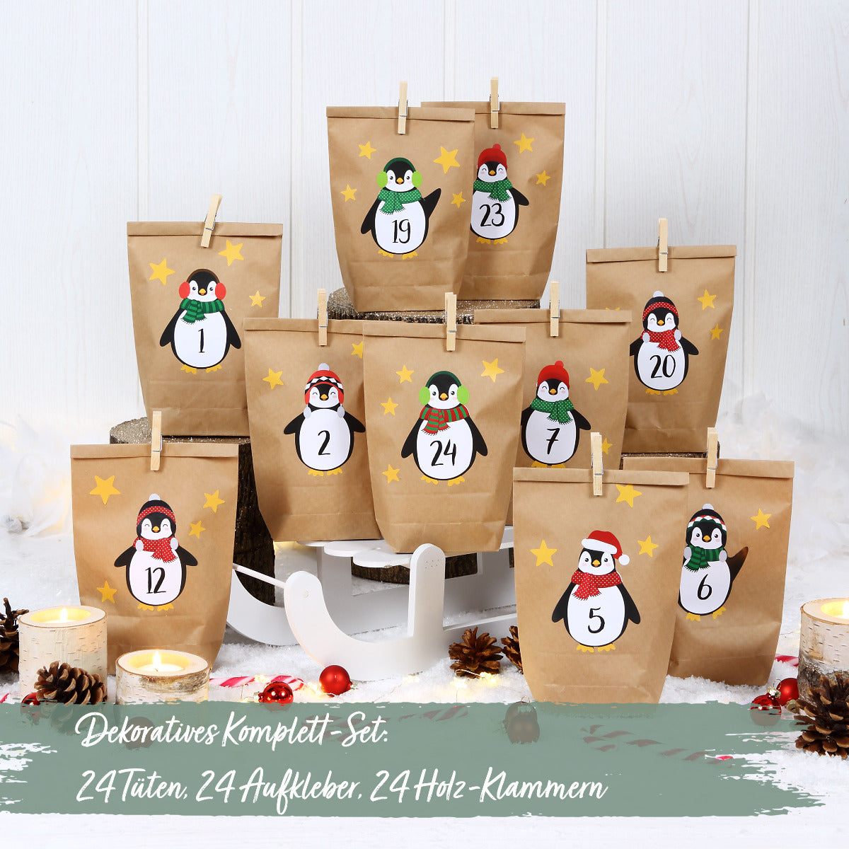 Das vollständige Set der vieundzwanzig Tüten für das DIY Adventskalender