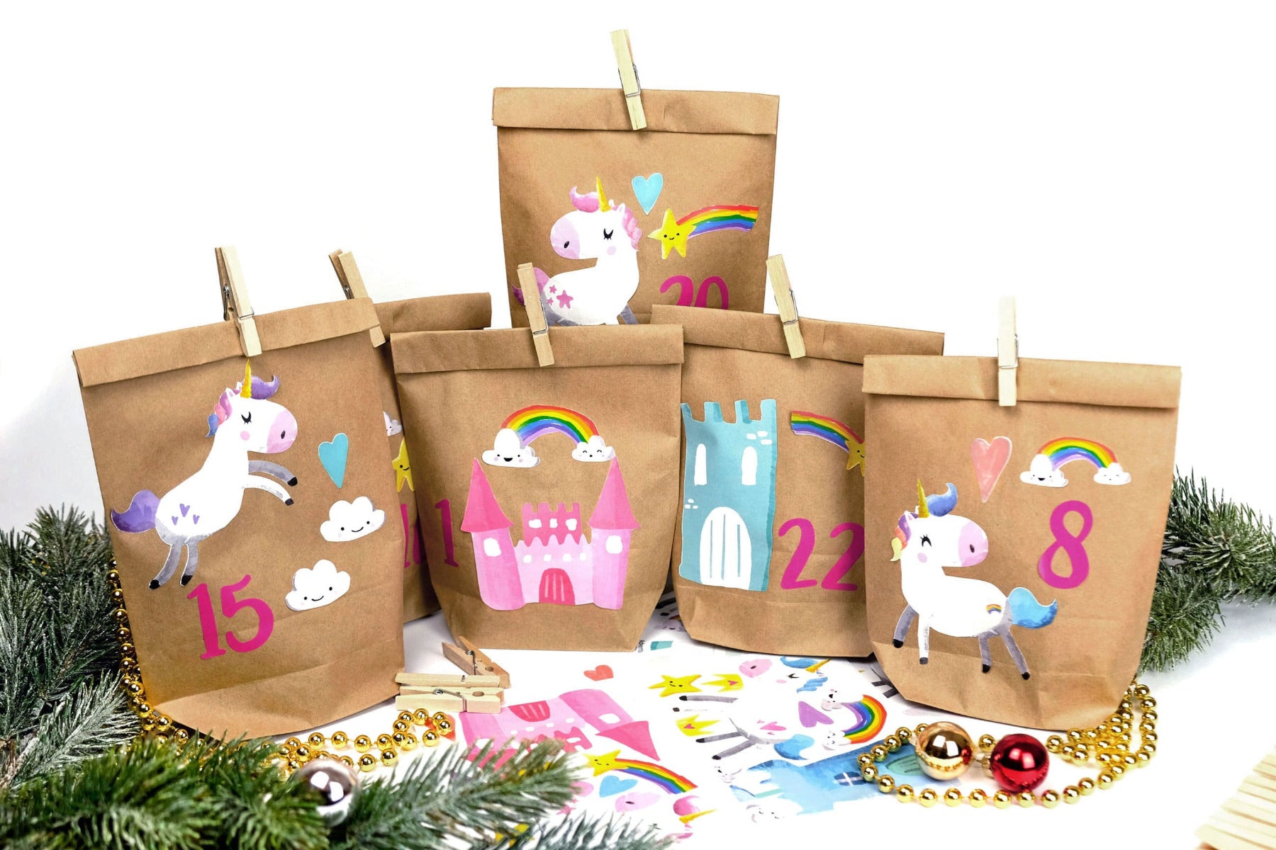 DIY Adventskalender Weihnachten & Advent zum Befüllen - 24 Papiertüten - Motiv Einhorn