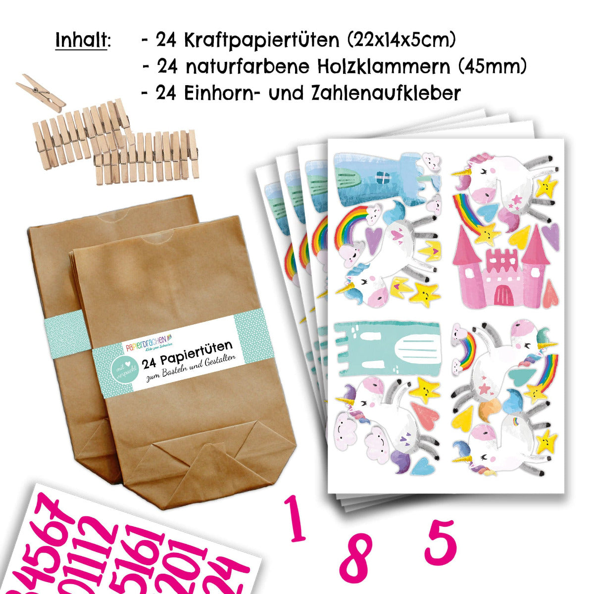 DIY Adventskalender Weihnachten & Advent zum Befüllen - 24 Papiertüten - Motiv Einhorn
