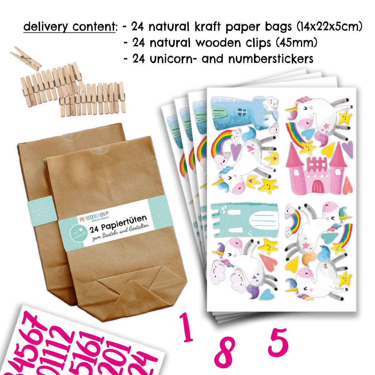 DIY Adventskalender Weihnachten & Advent zum Befüllen - 24 Papiertüten - Motiv Einhorn