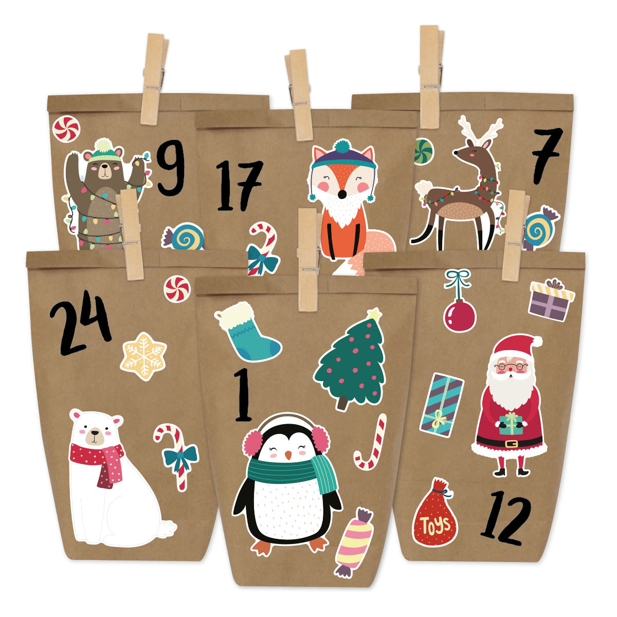 Vierundzwanzig mit kleinen Tieren verzierten Tüten DIY Adventskalender