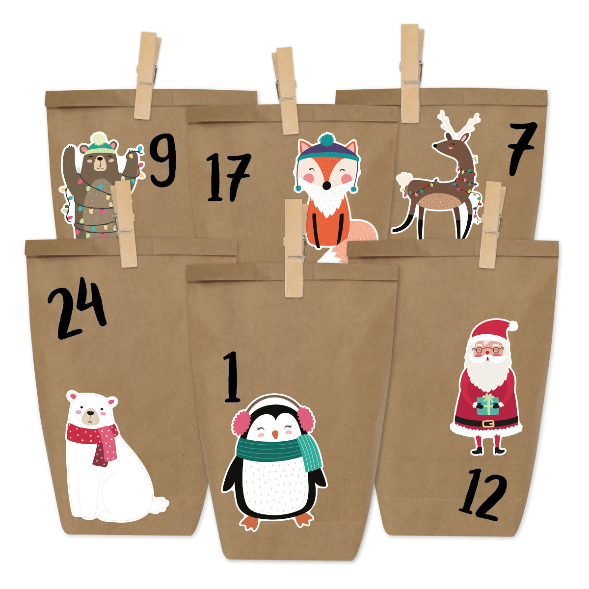 sechs mit kleinen Tieren verzierten Tüten DIY Adventskalender