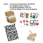 Inhaltsangabe des DIY Adventskalenders, braune papiertüten, Holzklammer, Zahlenaufkleber, Motiv-Aufkleber mit Tieren