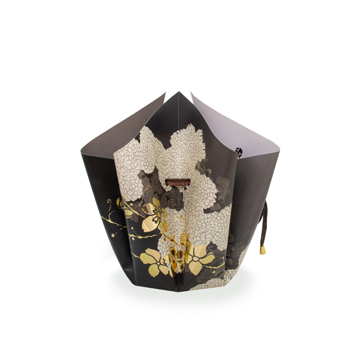 Faltvase mit Schwarz, Gold Blumen Design, innenseite grau gefärbt, zusammengehalten mit einem schwarzen Band