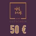 Ein Lila Geschenkgutschein mit dem Edel Werk Logo und der Aufschrift "Gutschein 50 Euro"