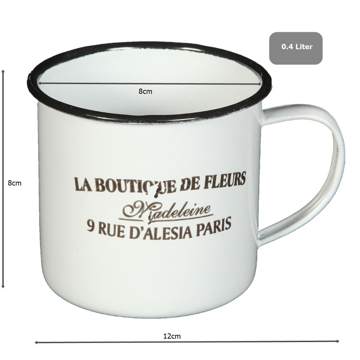 Die Maße des Bechers mit der schwarzen Schrift "La Boutique De Fleurs" 8cm Durchmesser und 8 cm Höhe