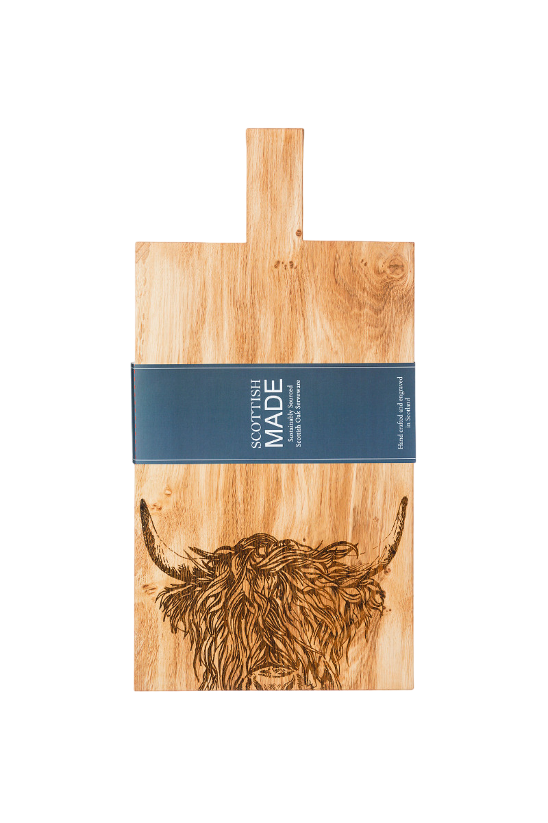 Eichen Servierbrett mit eingebrannten Hochlandrind Muster, eingepackt