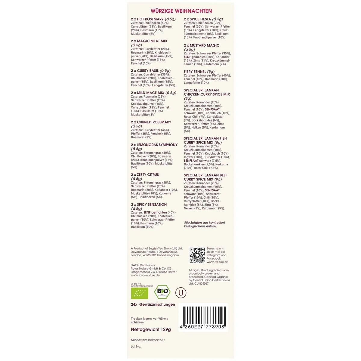 Gewürz Adventskalender "Würzige Weihnachten" - 24 BIO Gewürzmischungen