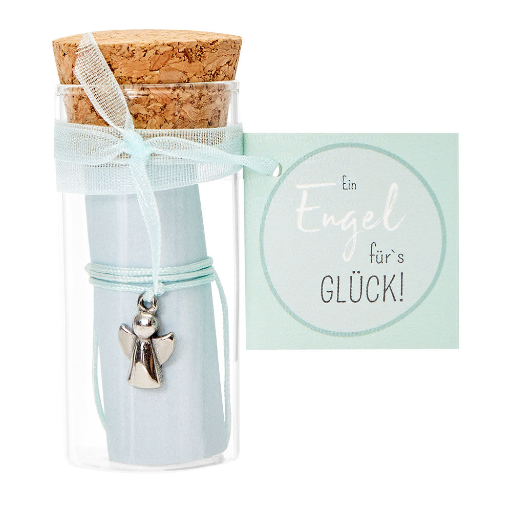 Armband Engel im Glas mit einer Angehangenen Karte auf der steht "Ein Engel fürs Glück!", Alle Design-Elemente sind Mint gefärbt