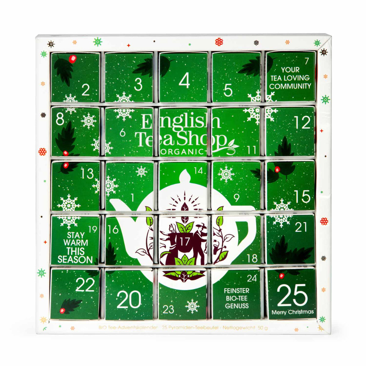 Adventskalender Puzzle Boxen mit Inhalt Tee in weihnachtlichen grünen Kartonwürfeln