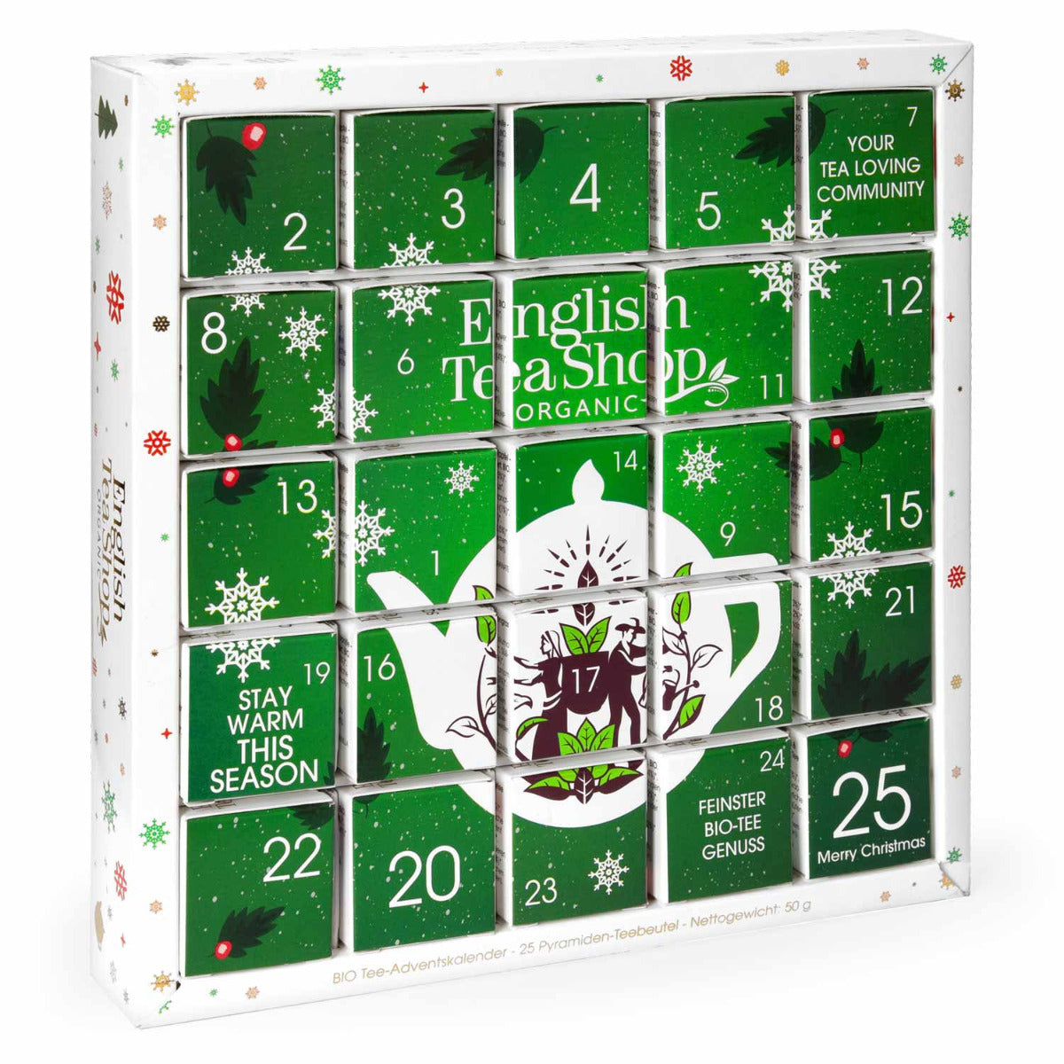 Adventskalender Puzzle Boxen mit Inhalt Tee in weihnachtlichen grünen Kartonwürfeln