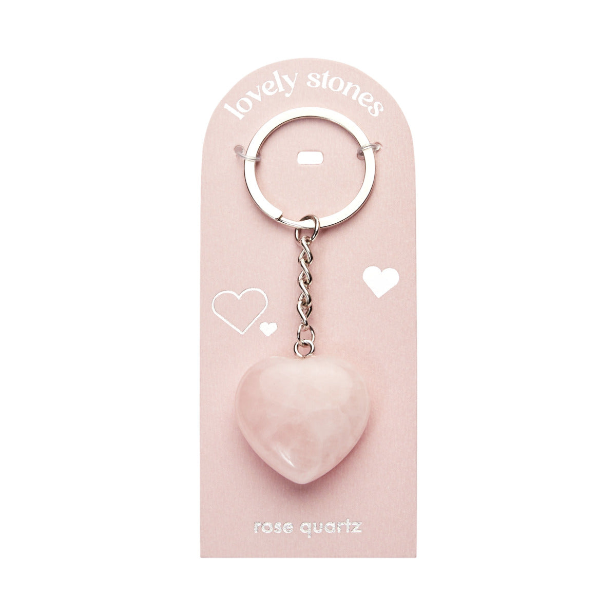 Ring mit Schlüsselanhänger in Form eines Herzens gemacht aus Rosenquarz in der Verpackung