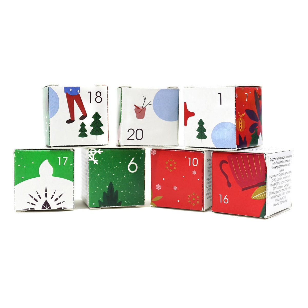 weihnachtliche Kartonwürfeln mit Inhalt Tee 