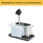 Edelstahl Spülbecken Organizer mit einem an der Stange aufgehangenen Putzlappen und verstauter Bürste