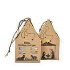 Kleine Weihnachtskrippe vorderseite und Rückseite mit aufgedruckten Tieren und Christkind