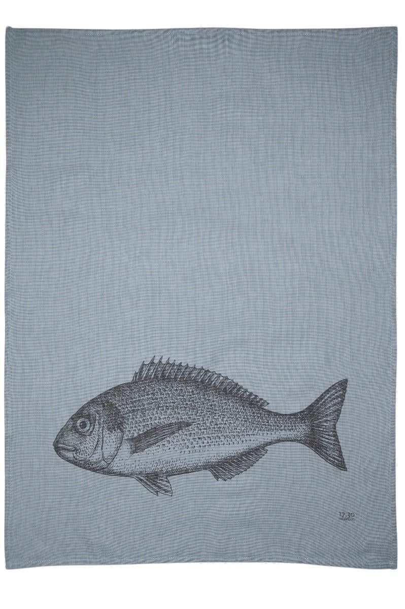 Blaues Geschirrtuch aus Baumwolle mit einem Fisch Aufdruck von 17;30