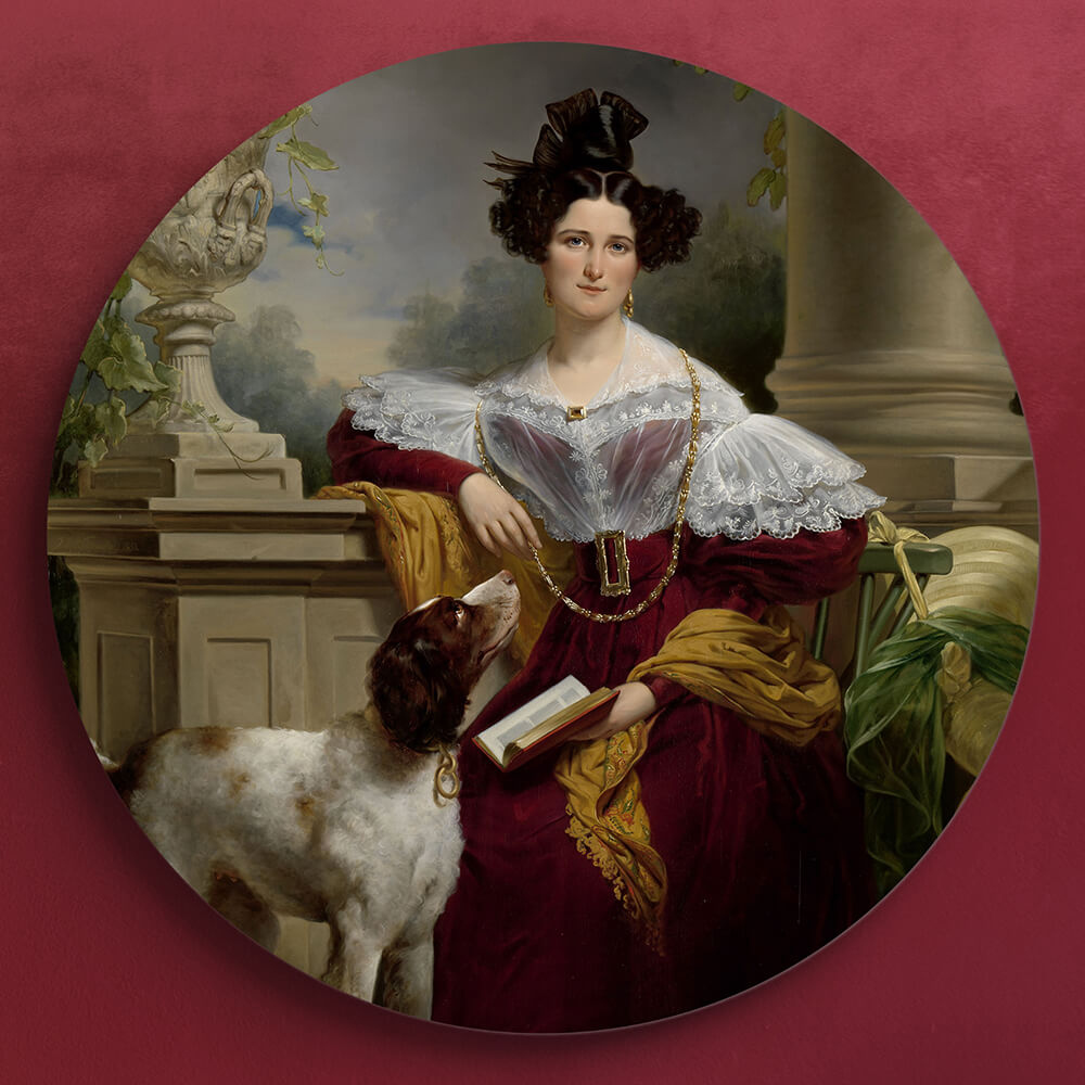 Rundes Porträt von Alida Christina Assink an einer roten Wand