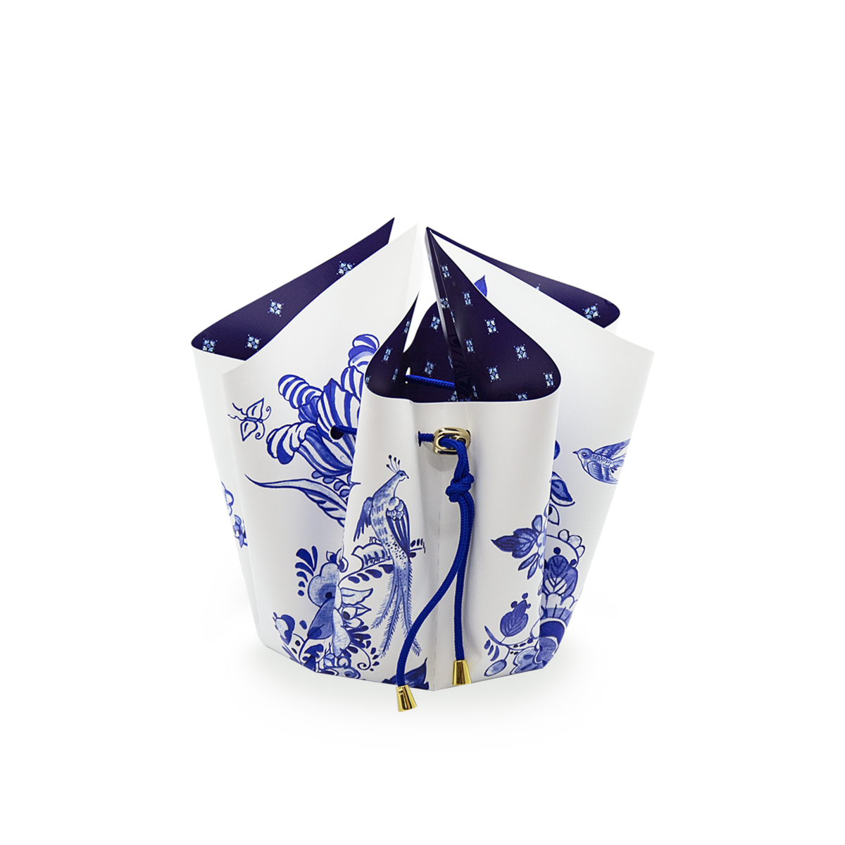 Faltvase mit einem Delfter Blau Design in Blau/Weiß, zusammengebunden mit einer Blauen Schnurr