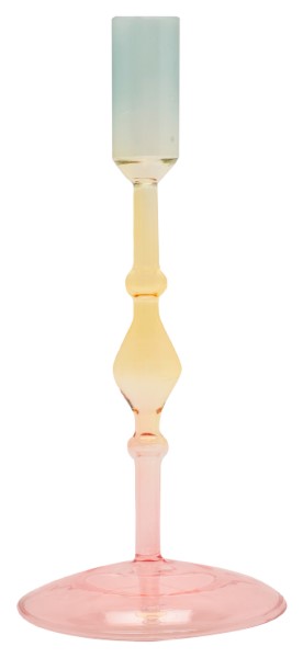 Ein hoher Kerzenhalter aus Glas in Pink, Gelb und Türkis Kristall-Optik
