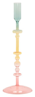 Ein hoher großer Kerzenhalter aus Glas in Pink, Gelb und Türkis