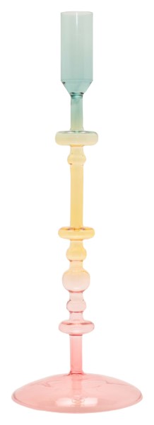 Ein hoher großer Kerzenhalter aus Glas in Pink, Gelb und Türkis