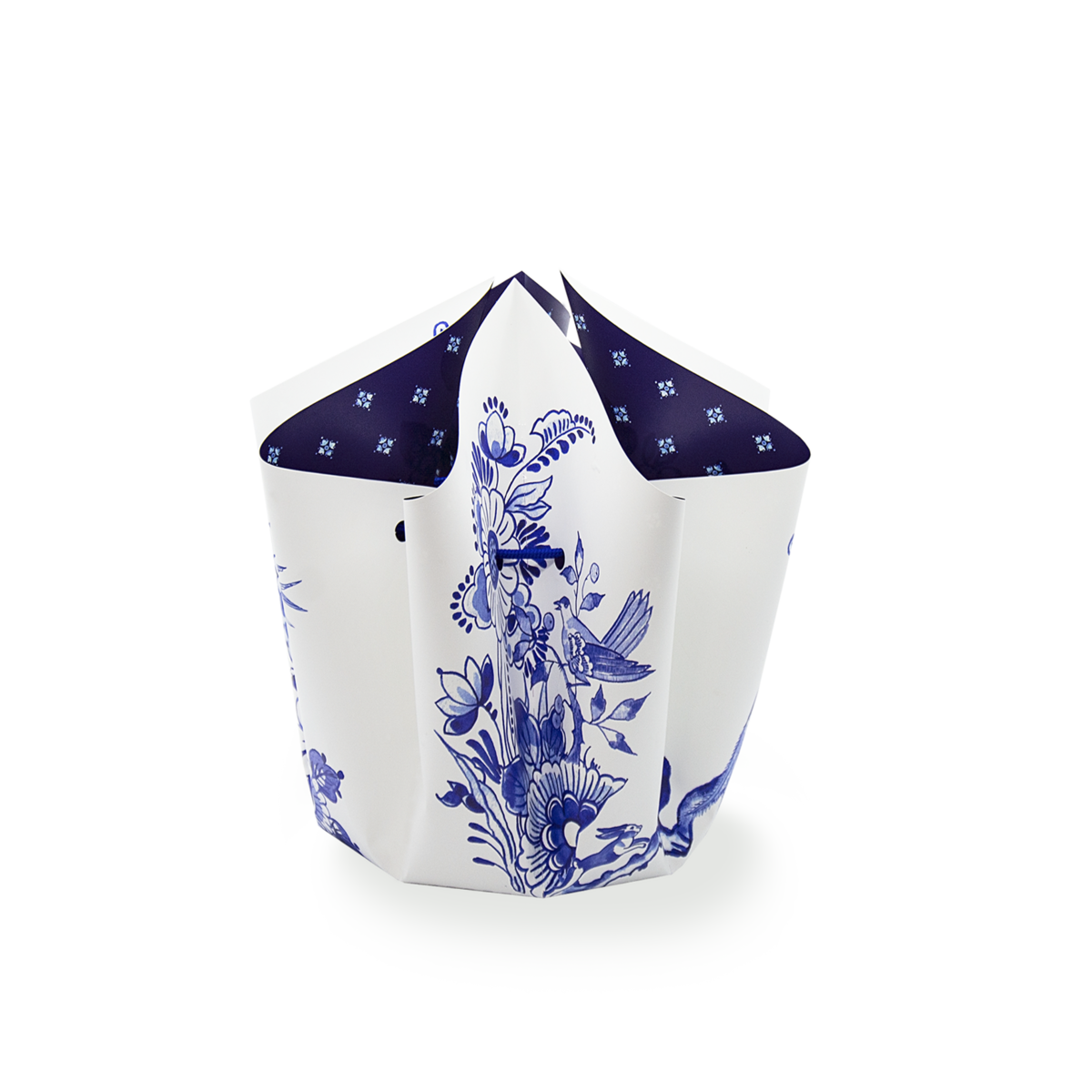 Faltvase mit einem Delfter Blau Design in Blau/Weiß, zusammengebunden mit einer Blauen Schnurr