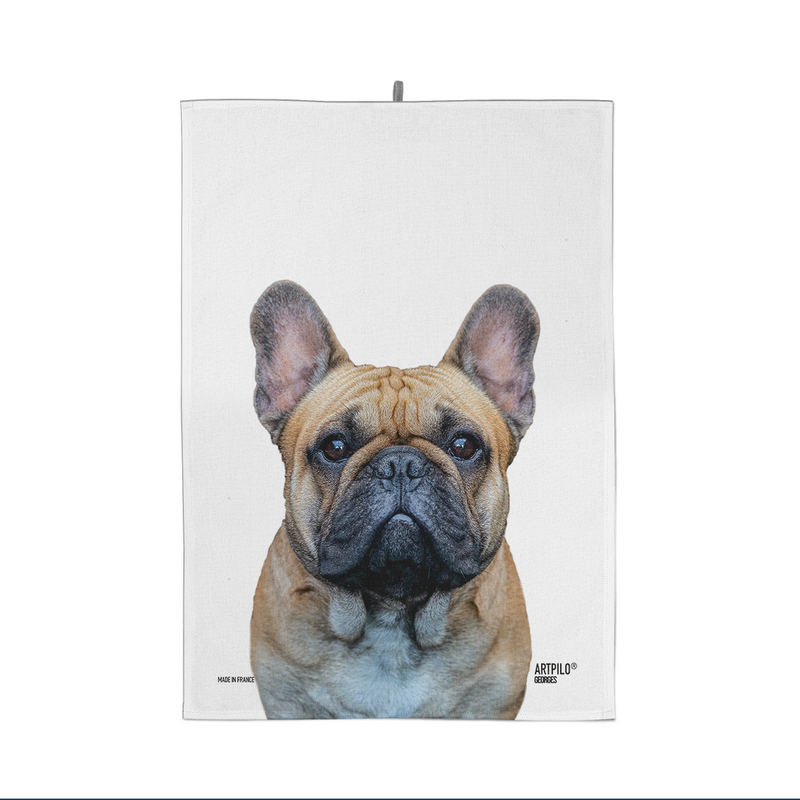 Weißes Geschirrtuch mit Hund Französische Bulldogge Motiv