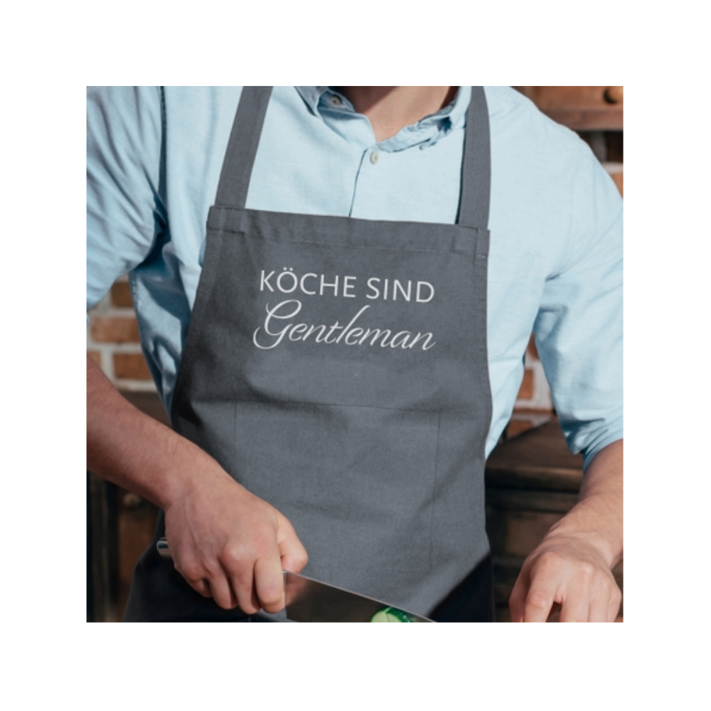 eine schürtze in dunkel blau mit spruch ''Schürtze - Köche sind gentelman'' von 17;30