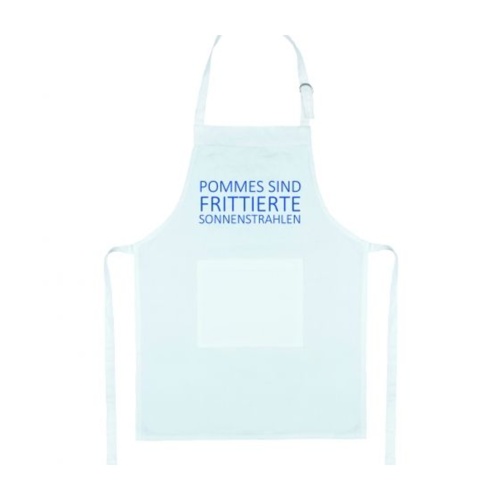 Eine Weiße schürtze mit blauen print der sagt ''Pommes sind frittierte sonnenstrahlen'' von 17;30