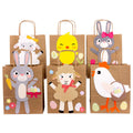 Sechs braune Tüten mit verschiedenen aufgeklebten Tieren Küken, Schaaf, Weiblicher Hase, Männlicher Hase, Braunes Schaaf, weißes Huhn. Dekoriert mit Eiern und Körben