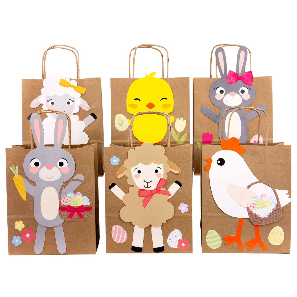 Sechs braune Tüten mit verschiedenen aufgeklebten Tieren Küken, Schaaf, Weiblicher Hase, Männlicher Hase, Braunes Schaaf, weißes Huhn. Dekoriert mit Eiern und Körben