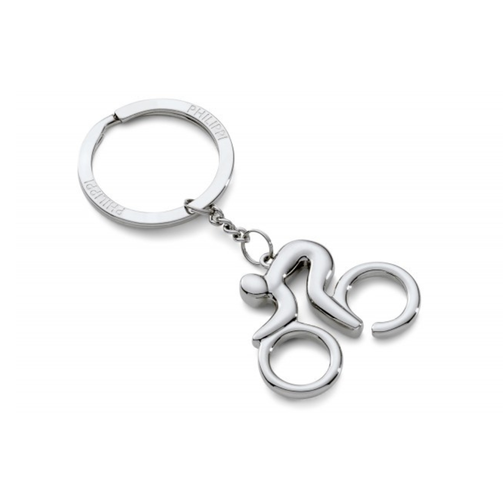 Silberner Schlüsselanhäger mit Stahlring für Schlüssel, Anhänger in Form eines geschwungenen Rennradfahrers, kunstvolles minimalistisches Dsign