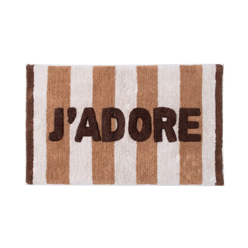 Badematte getreift in Braun und beige und einer braunen Schrift "J'ADORE"