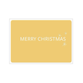 Eine Gelbe Postkarte mit einer aufgedruckten Schrift "Merry Christmas" und drei kleinen funkelnden Sternen