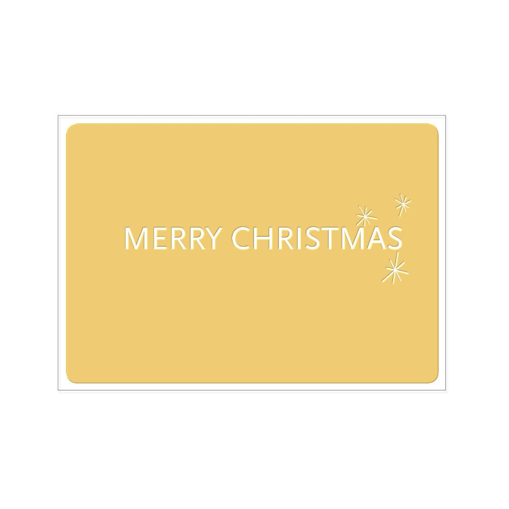 Eine Gelbe Postkarte mit einer aufgedruckten Schrift "Merry Christmas" und drei kleinen funkelnden Sternen