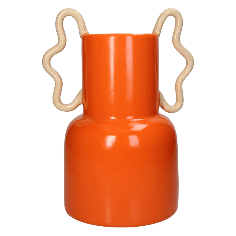 Orangene Deko Vase in form einer zweistufigen Zylindrischen Form, unten breiter ober enger. Mit geschwungenen Sandfarbigen Griffen